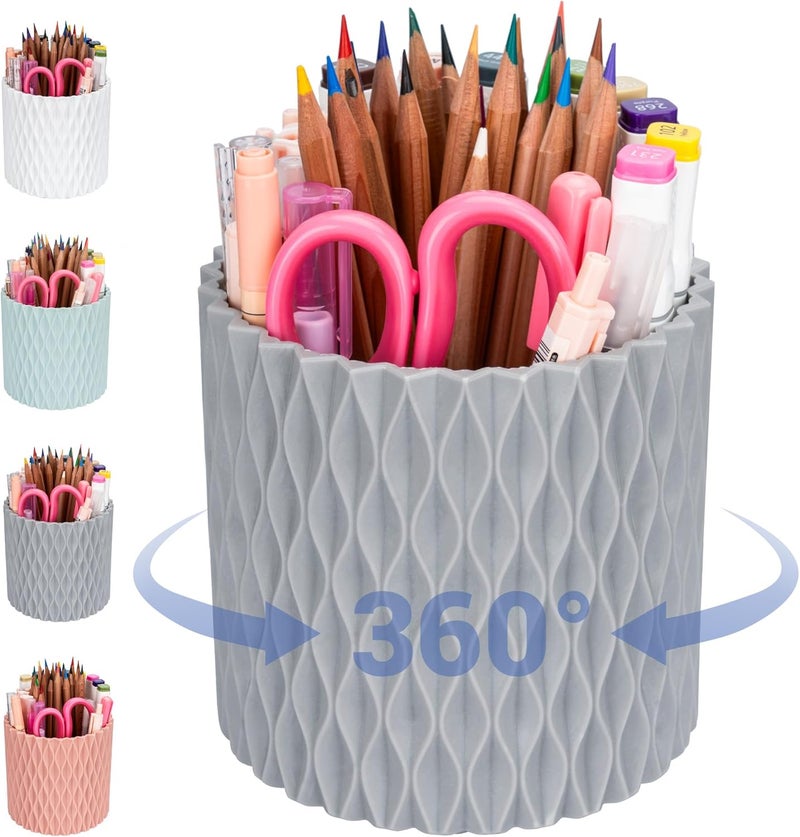 4Johor Pencil Holder - 360° Rotation, 5 Slot Desk Supplies For Women Office Aesthetic. Pencil Holder For Office&School, Desk Accessories(Grey) - Image 1